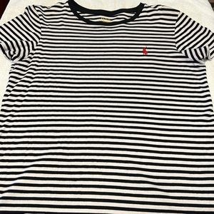 Women Polo Shirt — Black/ White stripes with red polo logo— Size Large